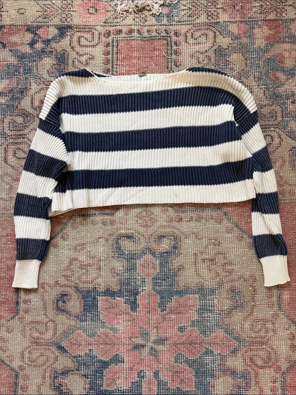 Free People Cropped Navy and Cream Striped Ribbed Sweater